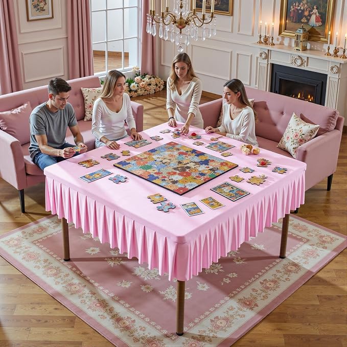 Wish Care Pink Spandex Tablecloths for 54x54 Inch Square Tables, Stretch Fitted Table Clothes with Pleated Ruffle Skirt for 54” Table, Wrinkle Free and Elastic, for Party Kitchen Home Dining