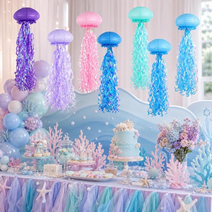 6-Pack Jellyfish Paper Lanterns, Blue Purple Pink Under The Sea Party Decorations, Mermaid Birthday Decorations, Ocean Themed Baby Shower, 10" Jellyfish Lamp for Classroom Decor Pool Party