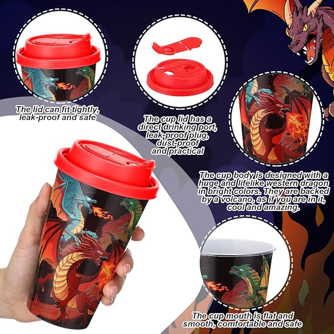 Yungyan 36 Sets Dragon Party Favors Goodie Cups with Lids and Straws for Birthday Decorations Reusable 16oz Plastic Candy Cups Plastic Straws for Birthday Party (Dragon)