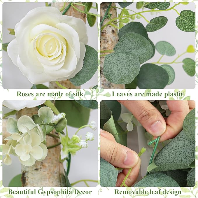 TOCHGREEN 4Pcs(26 Ft) Artificial Eucalyptus & White Rose Flower Garland, Faux Rose Vine & Gypsophila Greenery for Party & Wedding Decor (White, 4PCS)