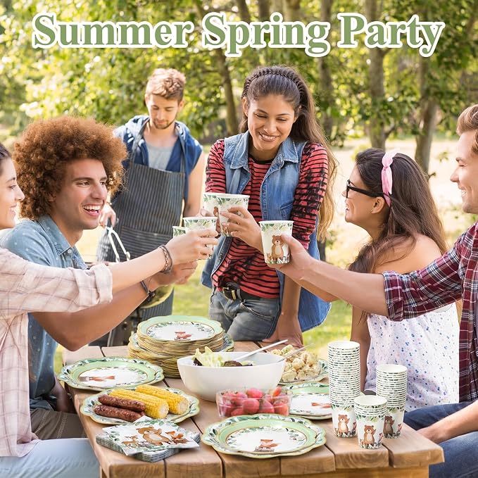 Funnymoom 250 Pcs Woodland Baby Shower Party Decorations Safari Animals Paper Plates Napkins and Cups Disposable Tableware Set for Birthday Baby Bridal Shower Wedding Party Supplies, Serves 50