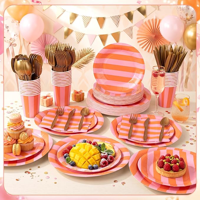 Mimorou 350 Pcs Orange and Pink Striped Paper Plates and Napkins for 50 Guests, Orange Disposable Tableware Plates Cup Napkins Spoon Fork Knife for Sunset Wedding Baby Shower Birthday Party Supplies
