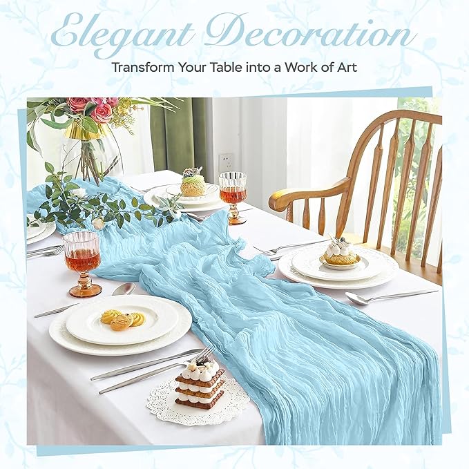 Cheesecloth Table Runner 6 Pack – 35x120 Inch (10ft) Boho Rustic Gauze Cloth Runners – Crinkle Polyester Table Decor for Wedding, Baby Shower, Bridal Shower, Birthday Party and More (Sky Blue)