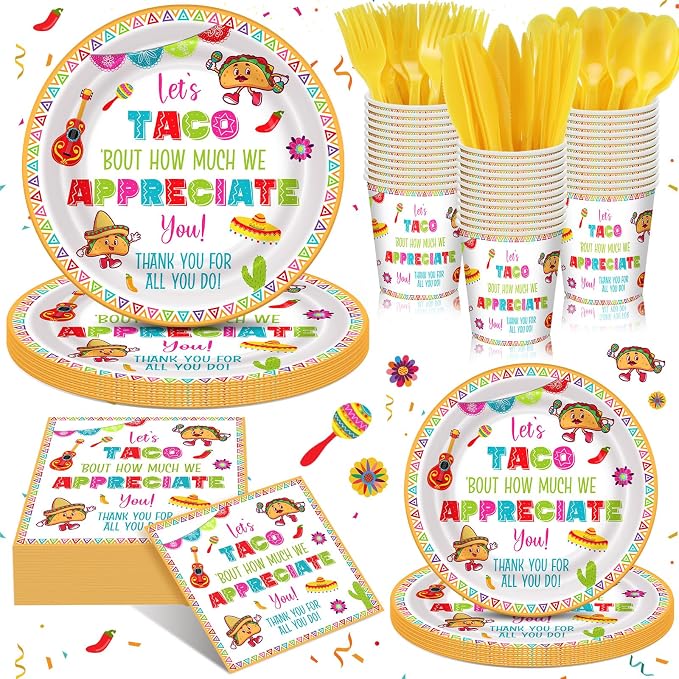 168 Pcs Let's Taco Bout How Much We Appreciate Party Decor Back to School Favors Bulk Employee Appreciation Supplies Cinco De Mayo Fiesta Taco Plates and Napkins Sets Serve 24