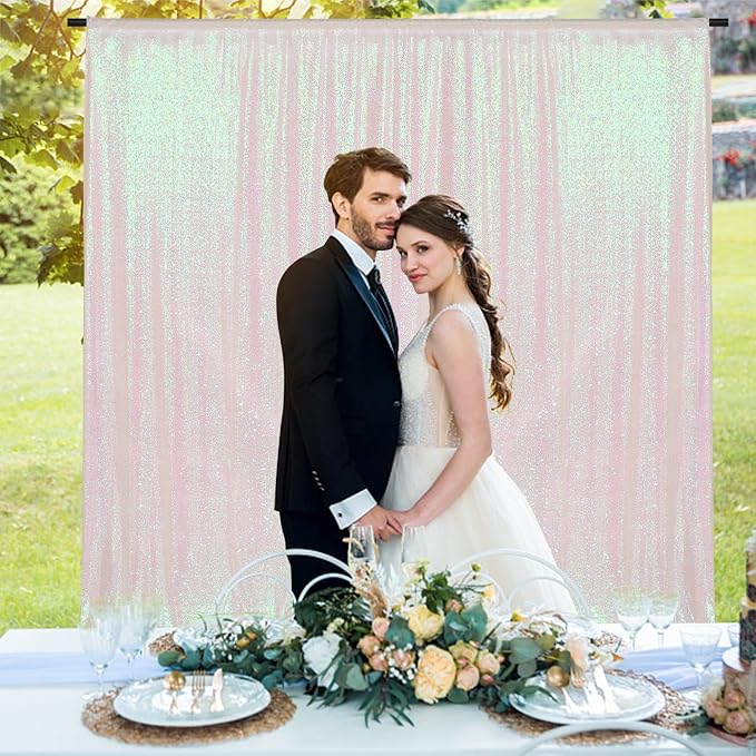 PartyDelight Iridescent White Sequin Backdrop 6x7ft 4 Inch Rod Pocket | Iridescent white 3mm sequins show pink and purple tones under light on mesh backing for photos arches stages and party walls
