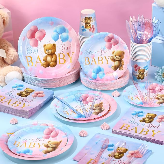 Funnymoom 400 Pcs Bear Gender Reveal Party Supplies for 50 Guests Boy or Girl Gender Reveal Disposable Plates Napkins Cups Spoons Forks Knives for Pink Blue Baby Shower Party Favors
