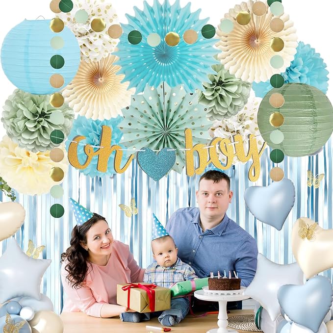 Sage Green Blue Baby Shower Decorations for Boy Oh Boy Banner Tissue Paper Pom Poms Flowers Paper Fans Circle Dot Garland Neutral Party Supplies Baby Boy Gender Reveal Birthday Party Decorations