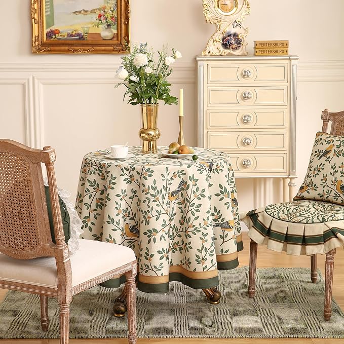 patdrea Designer French Linen Tablecloth,Round,Diameter 55"-Warbler A | Vintage Table Cloth for Round Table,Yellow and Green Floral Pattern,Dining Room Tea Party Thanksgiving Decor