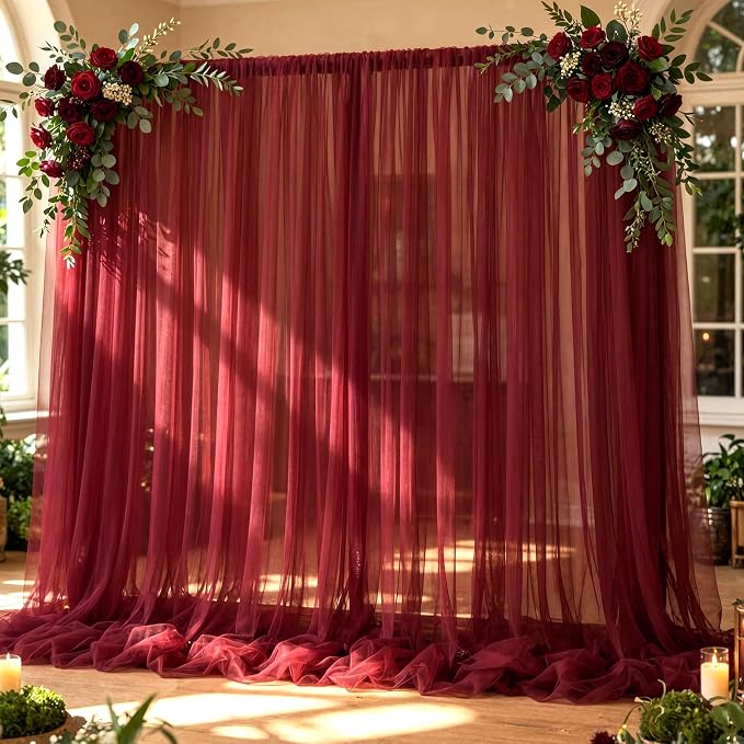 10x10ft Burgundy Tulle Backdrop Curtain for Parites, Sheer Photo Backdrop Drapes for Wedding Baby Shower Bridal Shower Birthday Party Photo Shoot Background Decorations