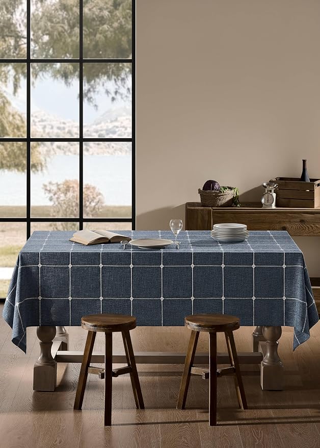 ZeeMart Grid Embroidered Hemmed Tablecloths, Navy Blue 52x70 Inch, Farmhouse Style Heavy Weight Cotton Linen Dark Blue Tablecloths, Boho Plaid Water Resistant Rectangle Table Cloth