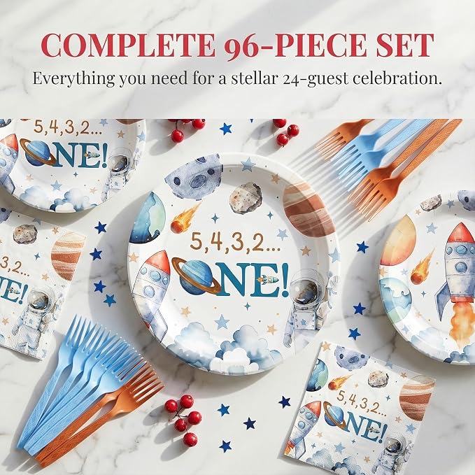 96Pcs 1st Space Birthday Party Supplies Space Planet Paper Plates Napkins and Forks Astronaut Celebration Birthday Party Decorations Solar System Dinnerware Favor for Men or Women Tableware Serves 24