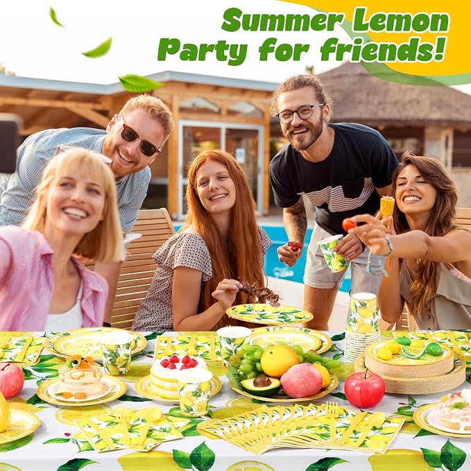 Funnymoom 452 Pcs Lemon Party Decorations, Yellow Lemons Paper Plates Napkins Cups Tablecloth Cutlery Straws for Summer Fruit Theme Birthday Wedding Baby Shower Party Supplies, Serves 50