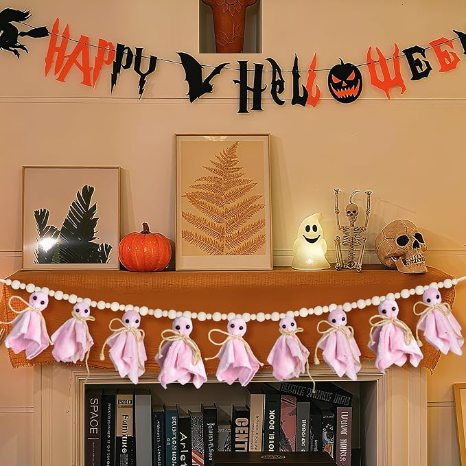 8.5Ft Pink Halloween Ghost Garland with Wooden Beads, Handmade Ghost Banner for Spooky & Cozy Home, Indoor Halloween Decor for Fireplace