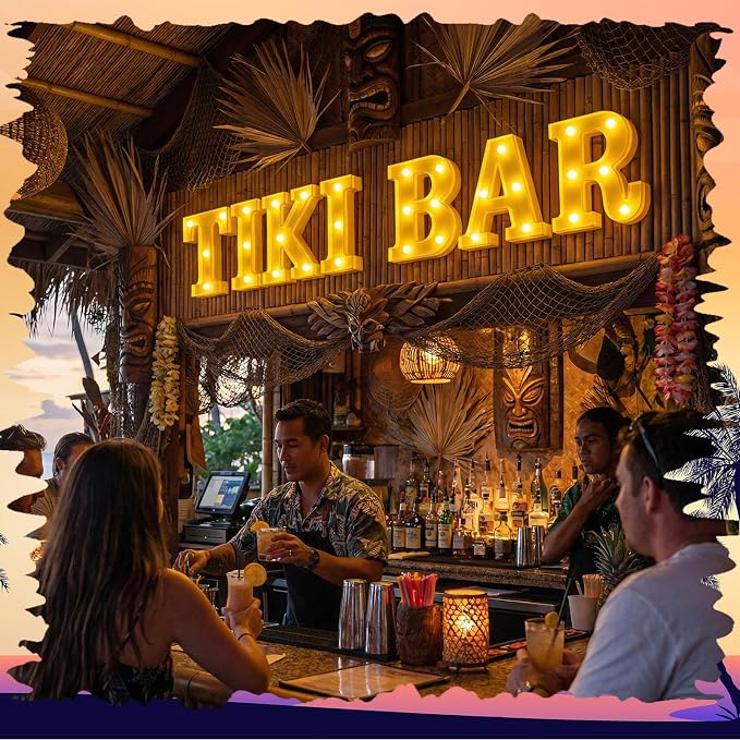 Honoson 7 Pcs Hawaiian Luau Tiki Party Decoration Tiki Bar LED Light Sign Hawaii Summer Tropical Table Lights up Sign for Summer Pool Beach Hawaiian Themed Party Supplies