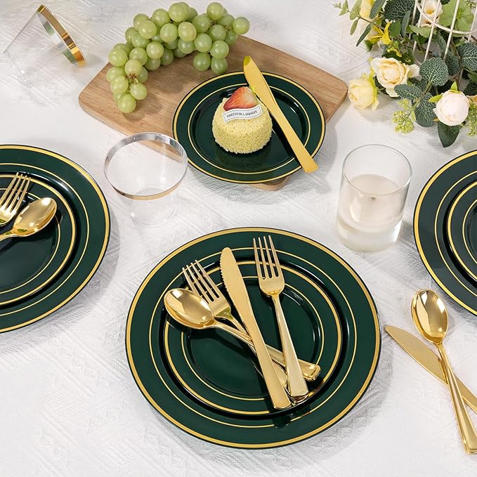 WDF Partyware 350PCS Green and Gold Plates - Green Plastic Plates 50Guests Plastic Plate with Rolled Napkins for Party/Birthday