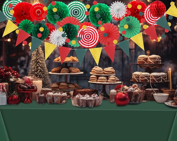 Fullhawl 27 Pcs Mexican Party Decoration, 6 Pack Disposable Tablecloth 21 Pcs Hanging Paper Fans, Pom Poms Flowers, Garland String Polka Dot and Triangle Flag Set for Birthday, Wedding, Carnival