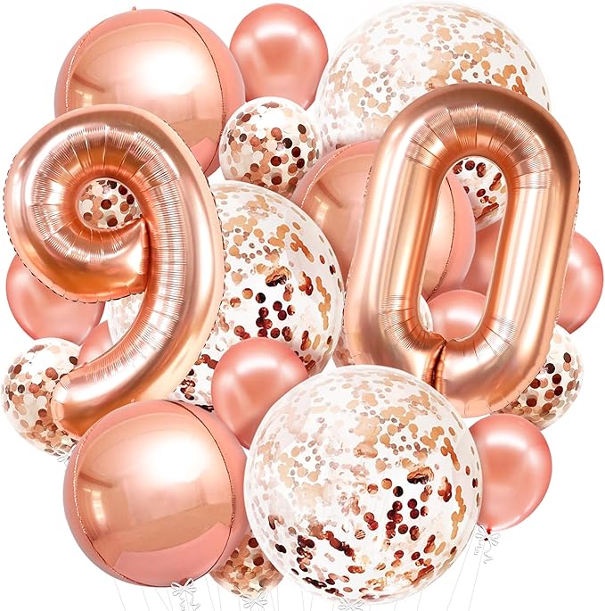 KatchOn, Rose Gold 90 Balloon Numbers - 40 Inch | Huge Rose Gold Balloons with Confetti - 36 Inch, Pack of 21 | 90th Birthday Decorations for Women | Rose Gold Birthday Decorations