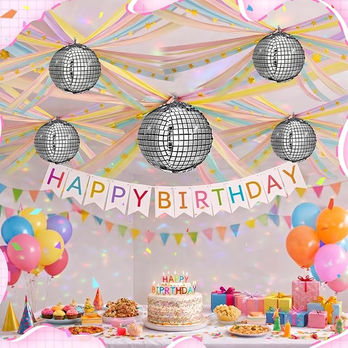 Spakon 14 Pcs Pastel Birthday Party Decoration Kit 492ft Colorful Crepe Paper Streamers Garland 5 Silver Disco Ball Balloons 26.24ft Gold Star Garland Backdrop 1 Tape for Classroom Fancy Party Decor