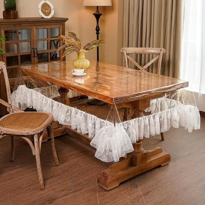 ARTABLE Vinyl PVC Rectangle Tablecloth Waterproof Clear Table Cover with Champagne Lace Macrame Border for Wedding Kitchen Home Outdoor Indoor Holidays Party Decor (Offwhite-1, 60 x 84 Inch)