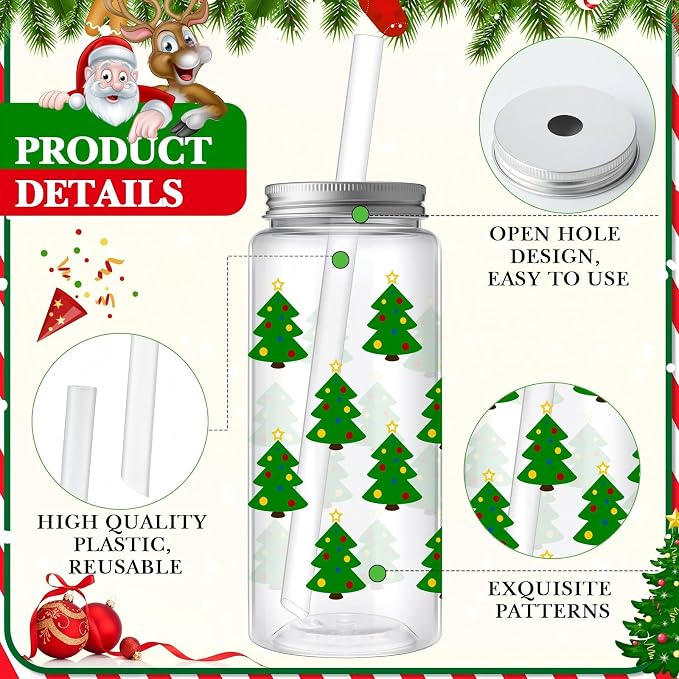 Skylety 30 Pcs Christmas Plastic Cups with Lids and Straws 13.5 oz Tree Gingerbread Snowman Santa Claus Elk Candy Reusable Plastic Tumbler Christmas Party Decor for Xmas Women Birthday Party Supplies