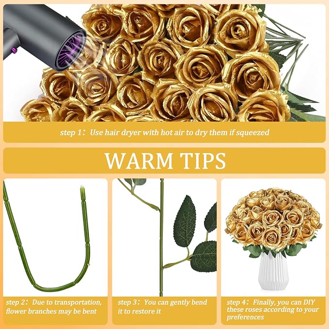90pcs Silk Roses Artificial Flowers Gold Fake Rose with Long Stem for Arrangement Wedding Party Home Decoration