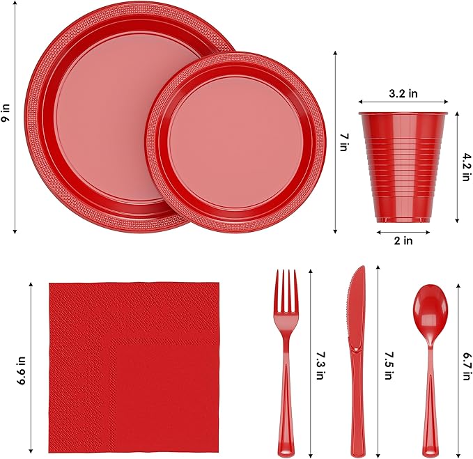 350 Pcs Red Plastic Plates For Party, Red Disposable Plates Set, 50 Of Each 9" Dinner Plate Set, 7" Dessert Plate, Cups, Napkins & Cutlery Plastic Dinnerware Set Exquisite