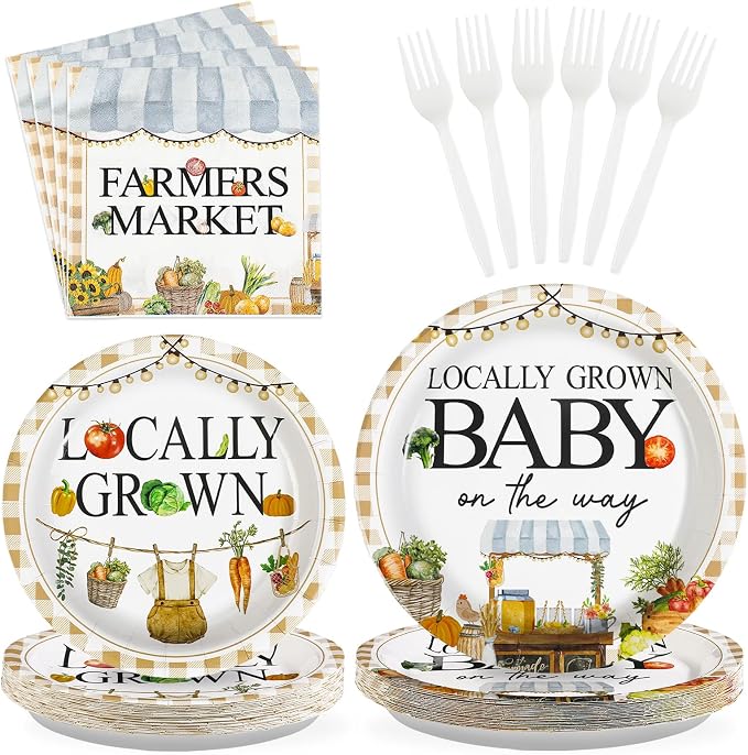 Grencian 96Pcs Locally Grown Baby Shower Decorations Farmers Market Party Plates and Napkins Vegetable Theme Disposable Tableware for Food Market Party Baby Shower Decorations Serves 24