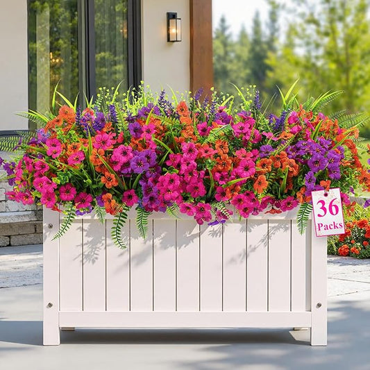 Alupssuc 36 Bundles Artificial Flowers for Outdoors Spring Decoration, UV Resistant Eucalyptus Violet and Lavender Silk Fake Plants for Outside Indoor Yard Home Patio Decor, Orange Rose Purple