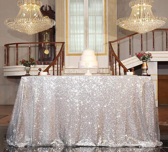 Juya Delight 50" x 80" Silver Rectangle Sequin Tablecloth for Party Dinner Banquet Festival Wedding Anniversary Exhibition Dessert Table