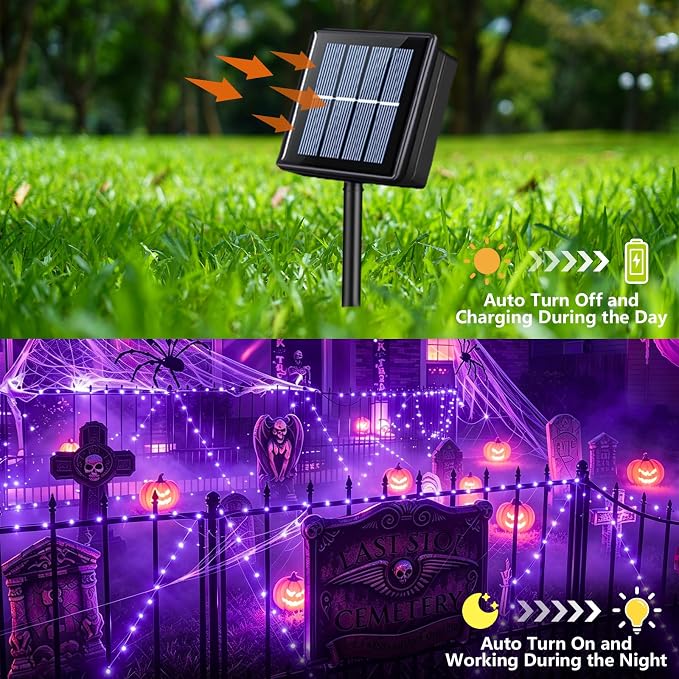 YEGUO 4 Pack Halloween Solar Fairy Lights, Each 33ft 100 LED Purple Christmas Lights Outdoor Waterproof, 8 Modes Sliver Wire Solar String Lights