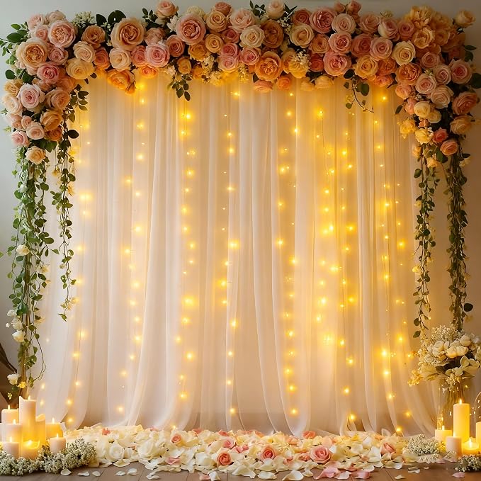 10x8ft White Tulle Backdrop Curtain with Lights String for Parites, Sheer Photo Backdrop Curtains with Lights for Wedding Backdrop Ceremony Reception Bridal Shower Baby Shower Birthday Party