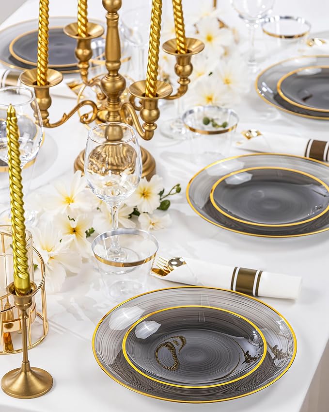 Morejoy 60Pcs Black Plastic Plates,Black Disposable Plates With Gold Rim,Heavy-duty Gold plate, Modern swirl design Plate Include 30 Dessert-plates,30Dinner-plates for Party,New Year