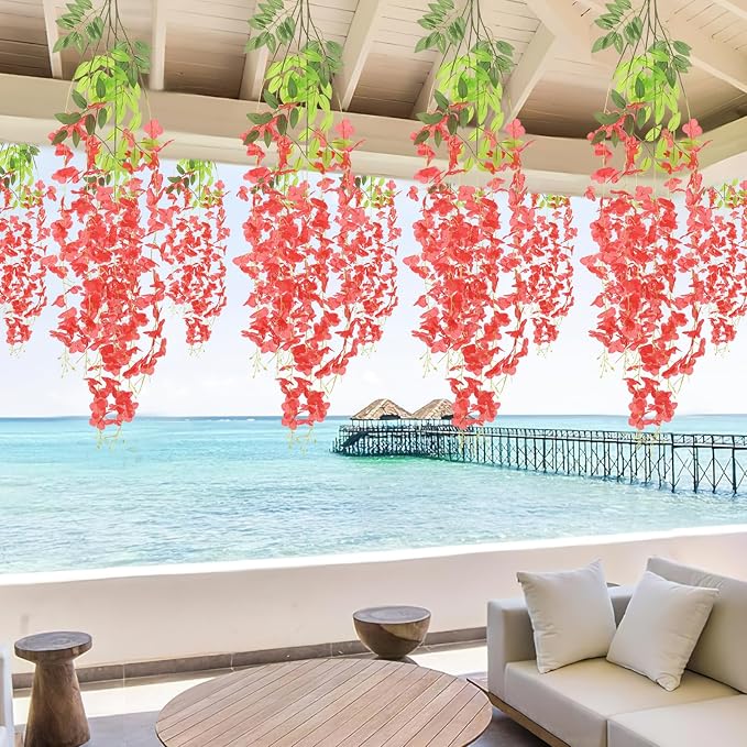 BLEUM CADE 36Pcs Red Fake Wisteria Hanging Flowers, 3.6Ft/Pcs Artificial Wisteria Garland, Hanging Flowers for Wedding Party Home Backdrop Wall Decoration