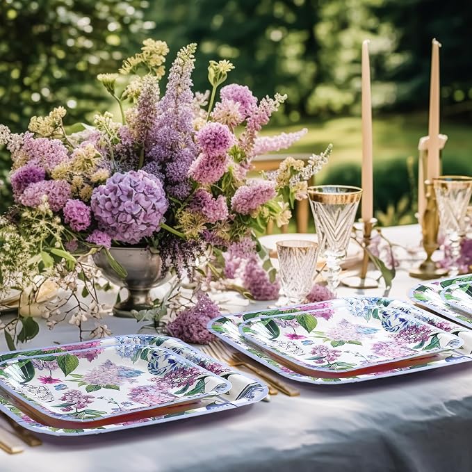 Umigy 100 Pcs Paper Plates Flower Dinner 9'' Floral Disposable Paper Plates 7'' Square Dessert Set for Dinner Birthday Wedding Baby Shower Party Tableware(Soft Color,Hydrangeas)