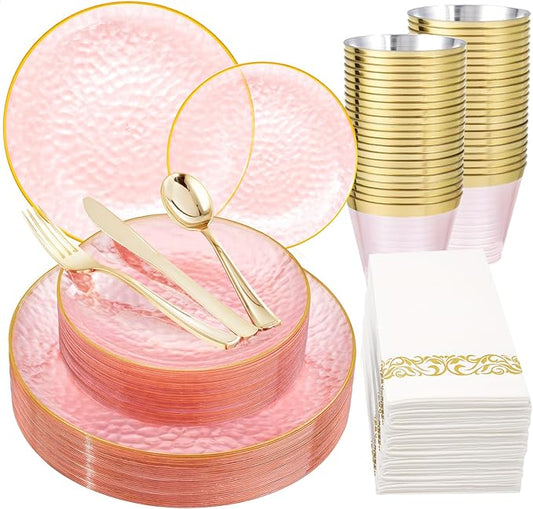 DaYammi 175 Pcs Pink Plastic Plates Dinnerware Set (25 Guests), Pink Disposable Plates, Hammered Party Platos Set Include Dinner Platos, Dessert Plates, Cups, Cutlery for Mother's Day Party
