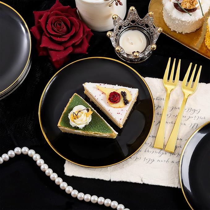 Festiva 200Pcs Black Gold Dessert Plates 6.3" with Plastic Forks 5"- Small Disposable Plates- Dessert/Cake/Appetizer Plastic Plates include 100Plates 100Forks for Tea Party & Birthday