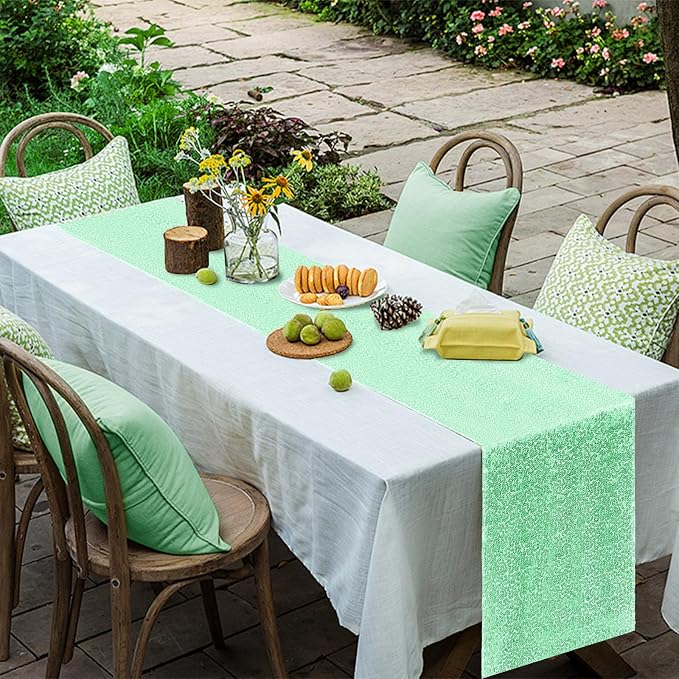 2 Packs 12 x 72 inches Sequin Table Runner, Mint Green Glitter Table Runner for Birthday Party Supplies Wedding Engagement Baby Shower Holiday Celebration Event Decorations