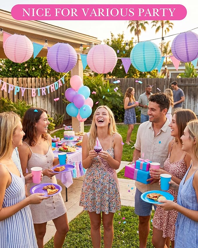 Treela 48 Pcs Paper Lanterns Party Decorations Chinese Round Paper Decor 4/6/8/10 Inch Asian Hanging Lamps Decorative for Graduate Wedding Birthday Party Bridal Parties Supplies(Purple)