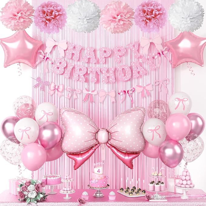 Pink Bow Birthday Party Supplies,Coquette Birthday Decorations,Include Pink and White Bow Balloons Happy Birthday Banner Fringe Curtain Tissue Paper Pompoms Garland