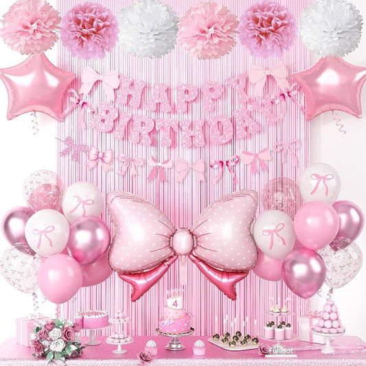 Pink Bow Birthday Party Supplies,Coquette Birthday Decorations,Include Pink and White Bow Balloons Happy Birthday Banner Fringe Curtain Tissue Paper Pompoms Garland