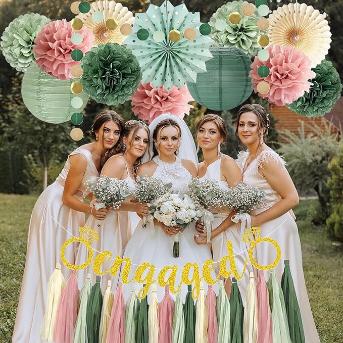 Engagement Party Decorations Pink and Sage Green Engaged Party Decoration Olive Tissue Pom Poms Paper Fans Tassel Garlands for Sage Green Dusty Pink Bridal Shower Engagement Married Decoration