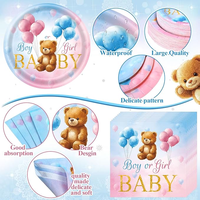 Funnymoom 452 Pcs Bear Themed Gender Reveal Party Decorations for 50, Boy or Girl Gender Reveal Paper Plates Napkins Cups Tablecloth Cutlery Straws for Pink Blue Baby Shower Party Supplies