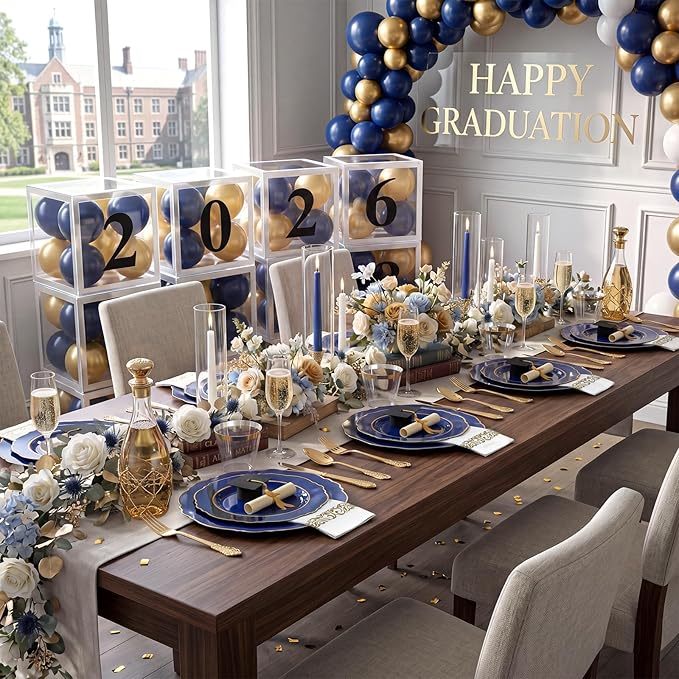 KIRE 210Pcs Navy Blue Plastic Plates - Blue and Gold Plates Disposable - 30guest Baroque Plastic Dinnerware for Upscale Wedding/Parties/Passover/Graduation