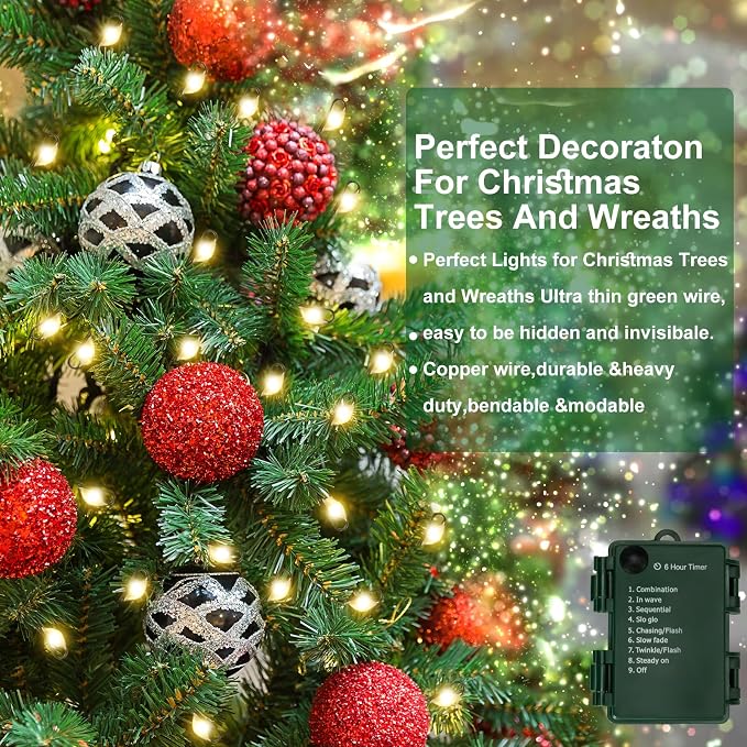 FairyGlim Battery Operated Christmas Lights, 10FT 100 Micro LEDs Fairy Lights with 8 Modes and Timer, Green Copper Wire for Indoor Outdoor Christmas Tree Wreath Garland Garden Party,Warm White