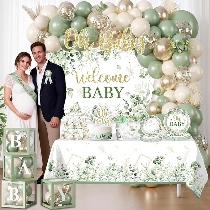 286 Pcs Sage Green Baby Shower Decorations Set-Serves 25 Guests -All-in-One Gender Neutral Party Supplies Kit Includes Balloon Arch, Backdrop, Tableware Set, and Sash