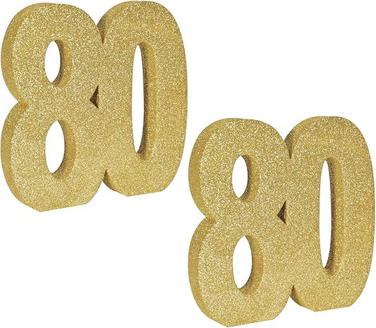 Beistle 2 Piece 3-D Foam Gold Glittered 80th Centerpieces, 8” x 8” x 1” Tabletop Décor for Birthday Milestone Celebrations