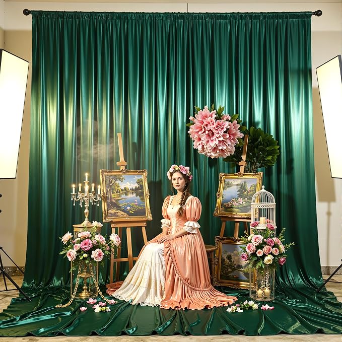 Green Glitter Backdrop Curtains - 10x12FT Satin Photo Backdrop, Wrinkle-Free Shimmer Back Drop Cloth Shiny Drapes for Photobooth Wedding Birthday Parties Photoshoot Background Decorations