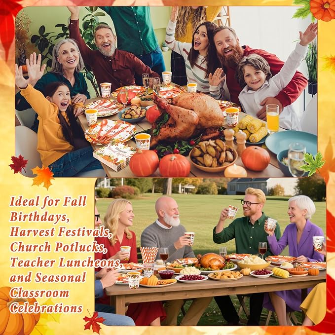 450 Pcs Happy Friendsgiving Tableware Set Decorations, Fall Thanksgiving Pattern Paper Plates Napkins Cups Cutlery Straws for Autumn Harvest Friendsgiving Dinner Party Supplies, Serves 50