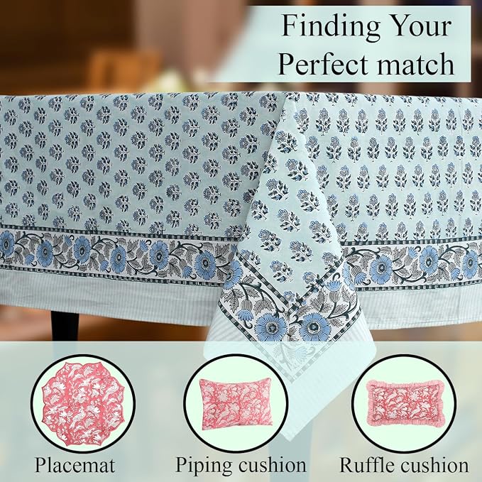 CPC Tablecloth 100% Cotton 60x90 Inch Indian Block Print Rectangle Table Cover, Washable Table Cloth for Weddings, Spring/Summer, Barbeque - Poppy Blue