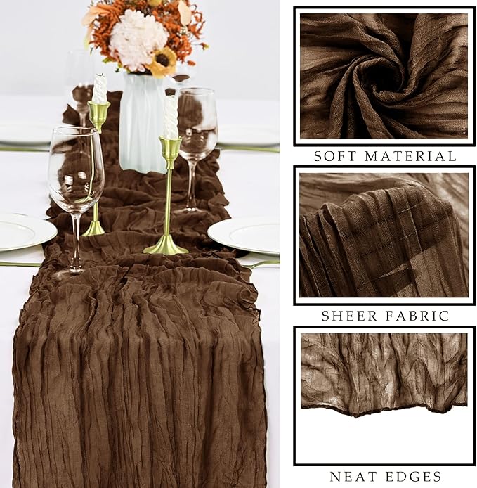 12 Pcs Cheesecloth Table Runner 10FT Brown Runner for Tables Gauze Fabric 35 x 120 Inches Long Boho Table Runner Decor Rustic Sheer Runner for Wedding Birthday Bridal Shower Party (Brown)